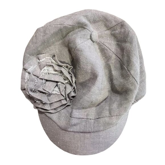 Vintage Y2K Grey 3D Flower Newsboy Cap Hat 100% Cotton D&Y Elastafit Stretch - Picture 2 of 9